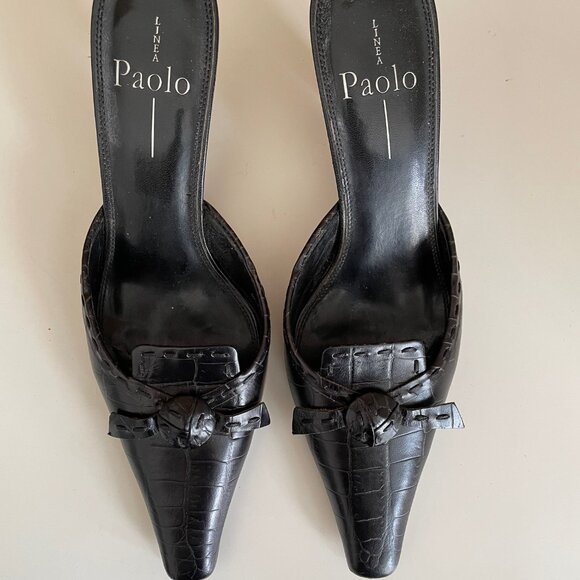 Paola Linea Black Mules w/ Alligator & Bow Accent Size 7 1/2 M - Picture 2 of 10